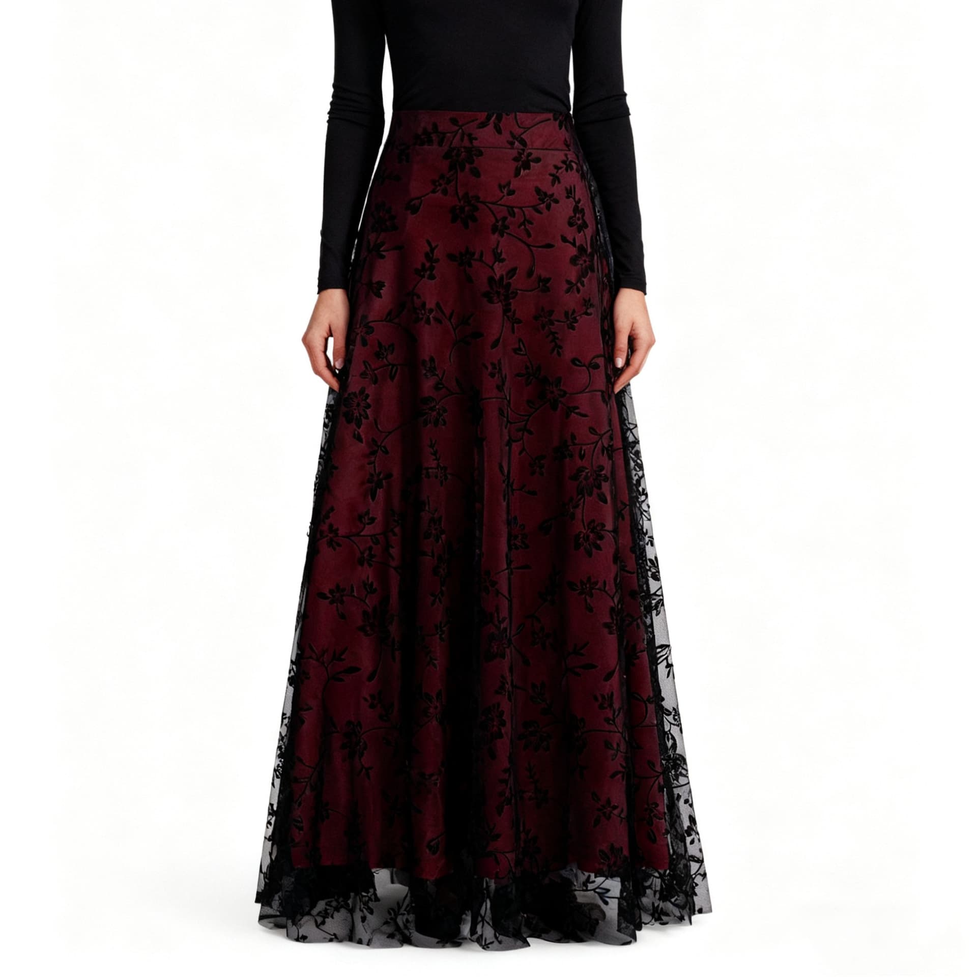 Women's high waist floral mesh midi skirt elegant A line flowy long