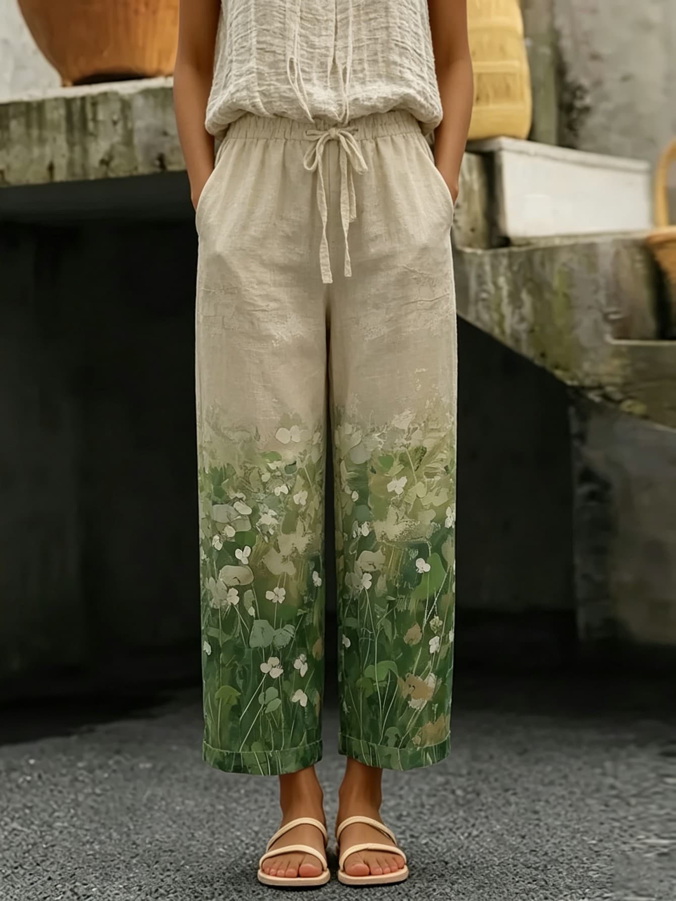 Women cropped pants elastic waist drawstring floral print casual