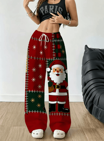 Women's straightleg long pants Christmas snowman print polyester