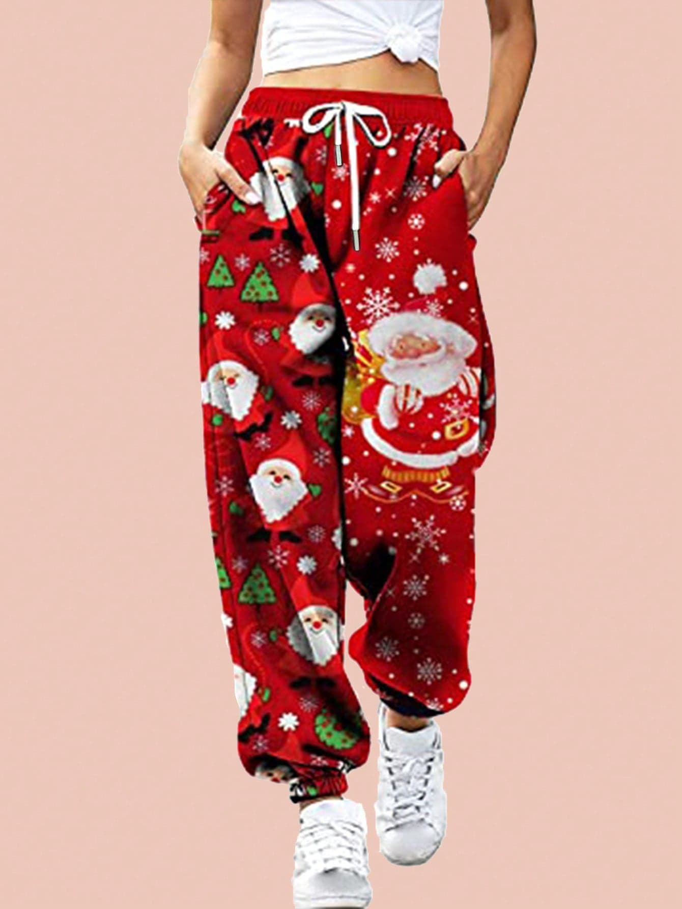 Women Christmas jogger pants santa claus snowflake tree print elastic