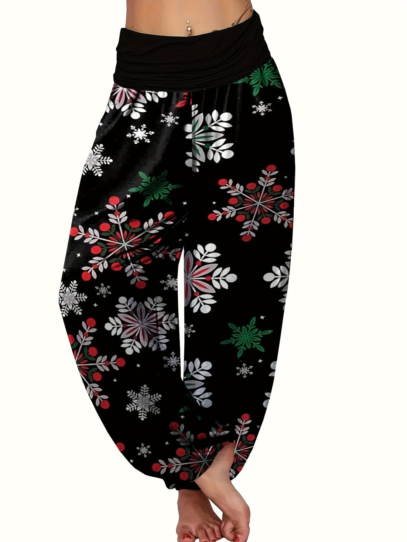 Women's Christmas snowflake print harem pants elastic high waist