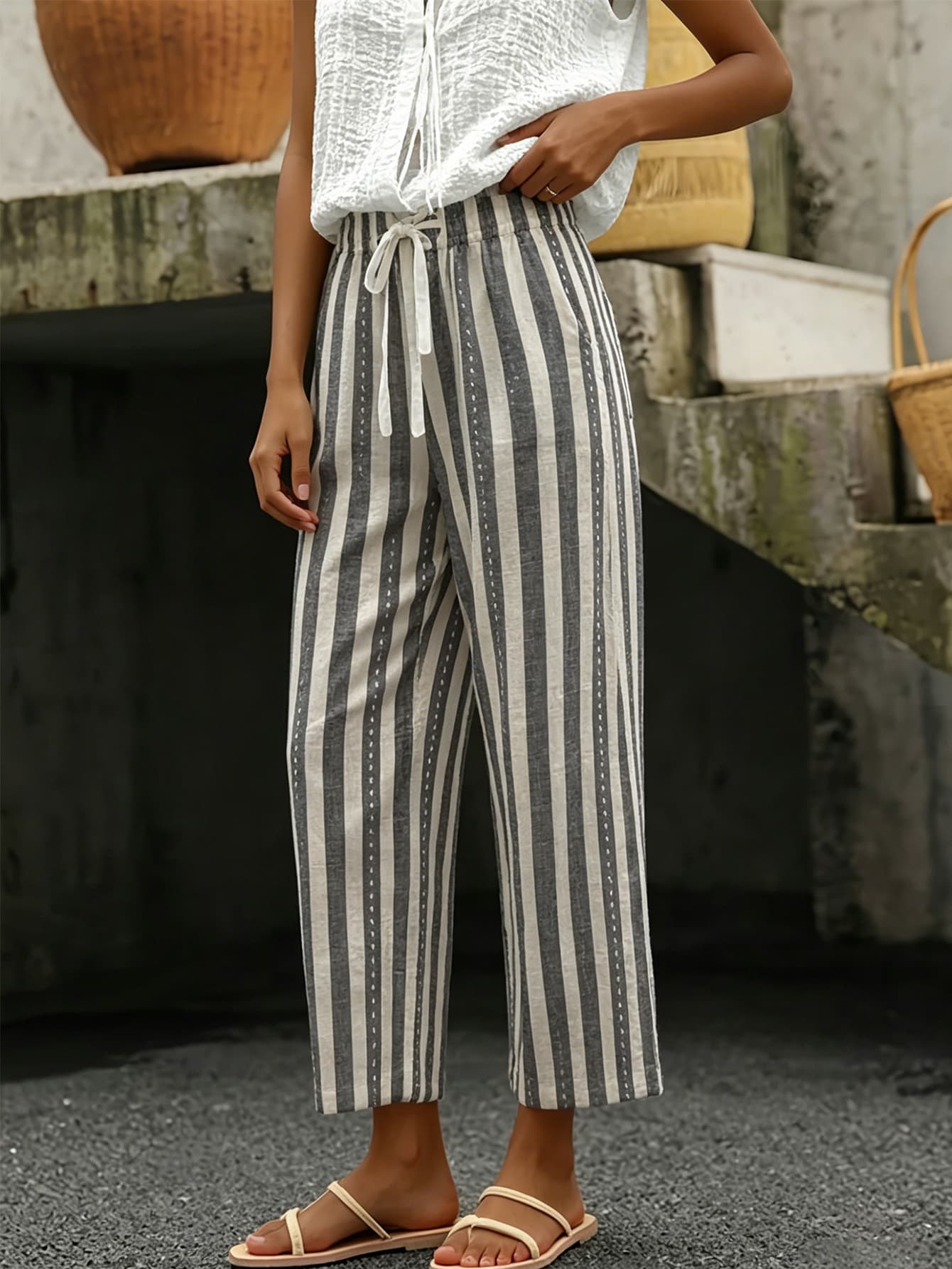 Women woven striped cropped pants drawstring waist back pocket loose