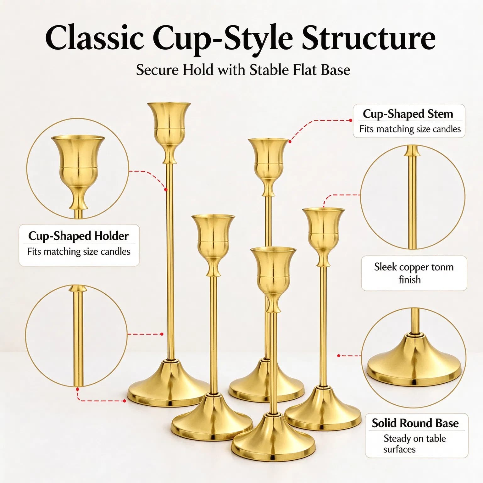 Copper finish Christmas candle holders set of 6, mixed height 16-22cm