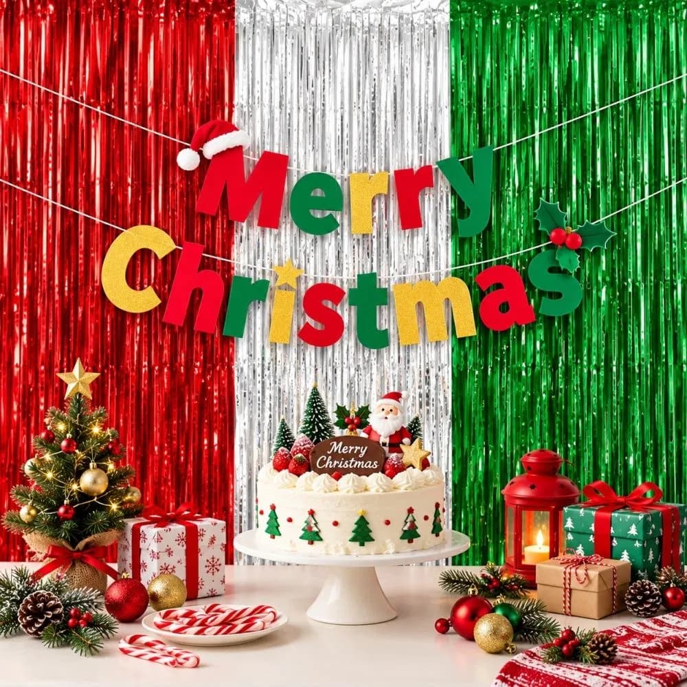 Christmas foil fringe curtain, 4 pack, 2m per panel, red green silver