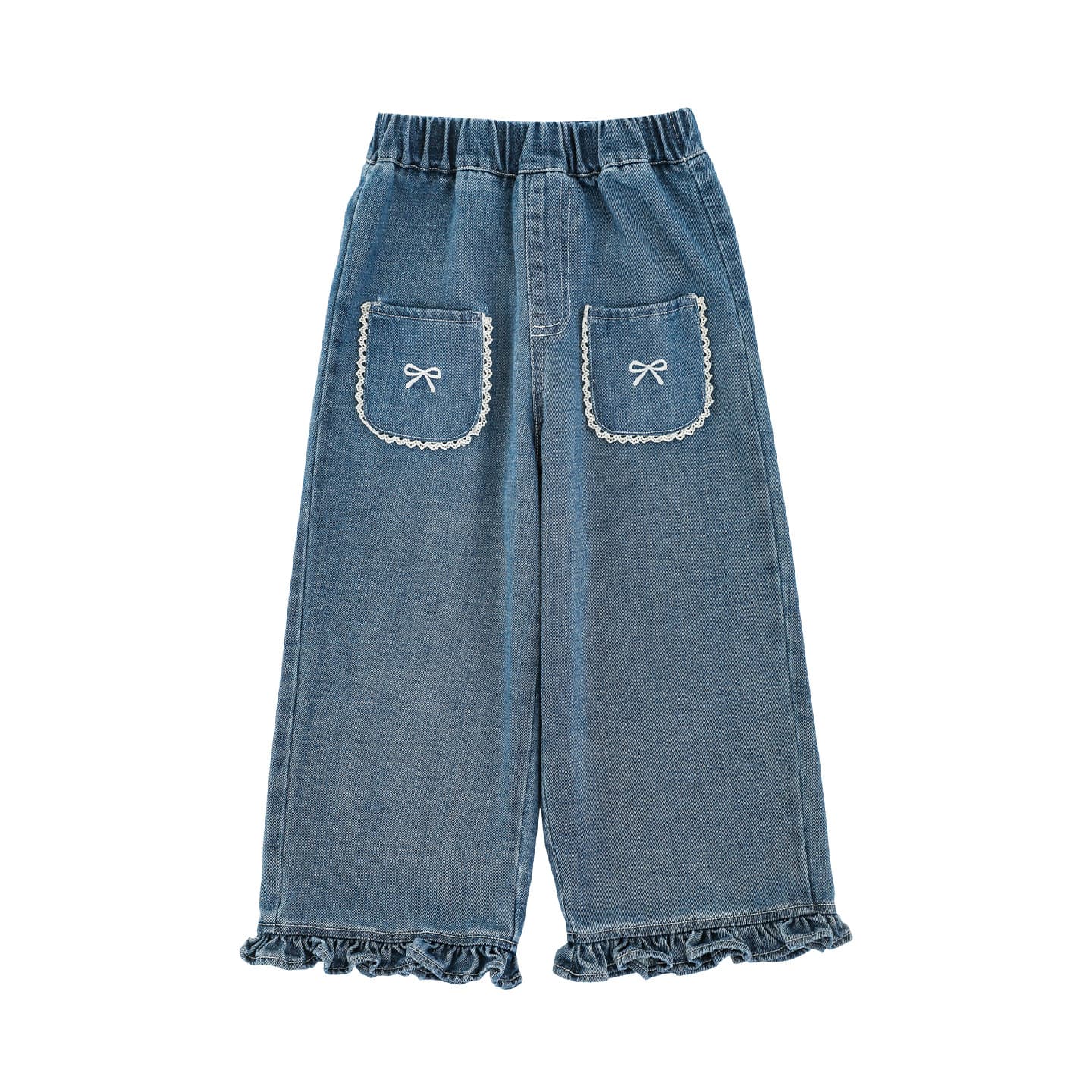 Lace-trimmed pocket childrens ruffled denim jeans