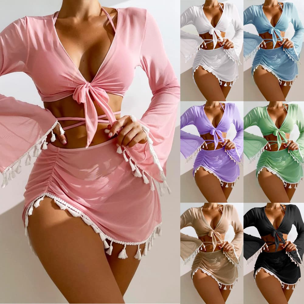 4pcs solid color bikini with short skirt and long sleeve Cover-up bow