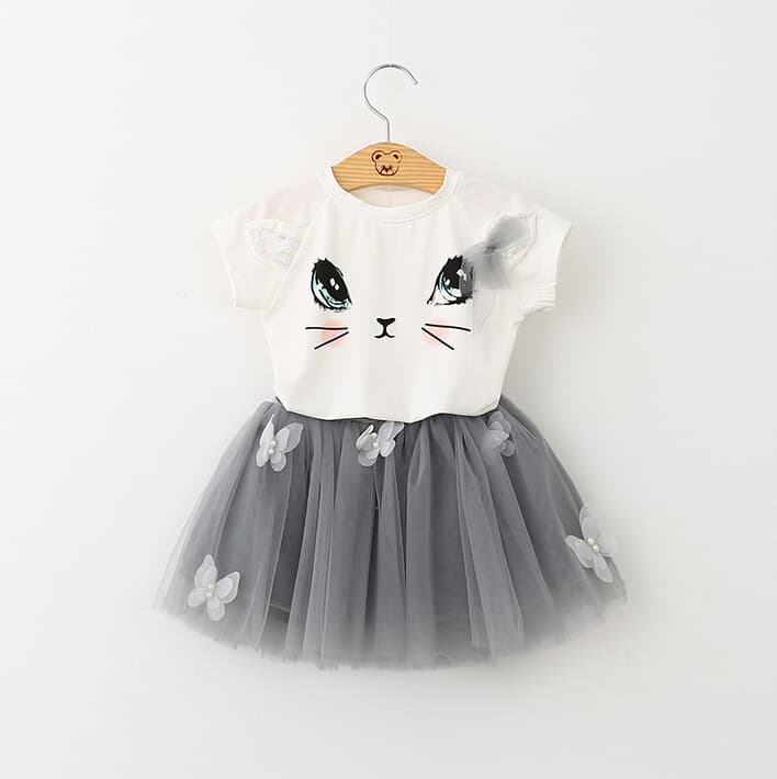 Girls Kids Cute Child Cat Short Sleeve T-Shirt Butterfly Beaded Puffy