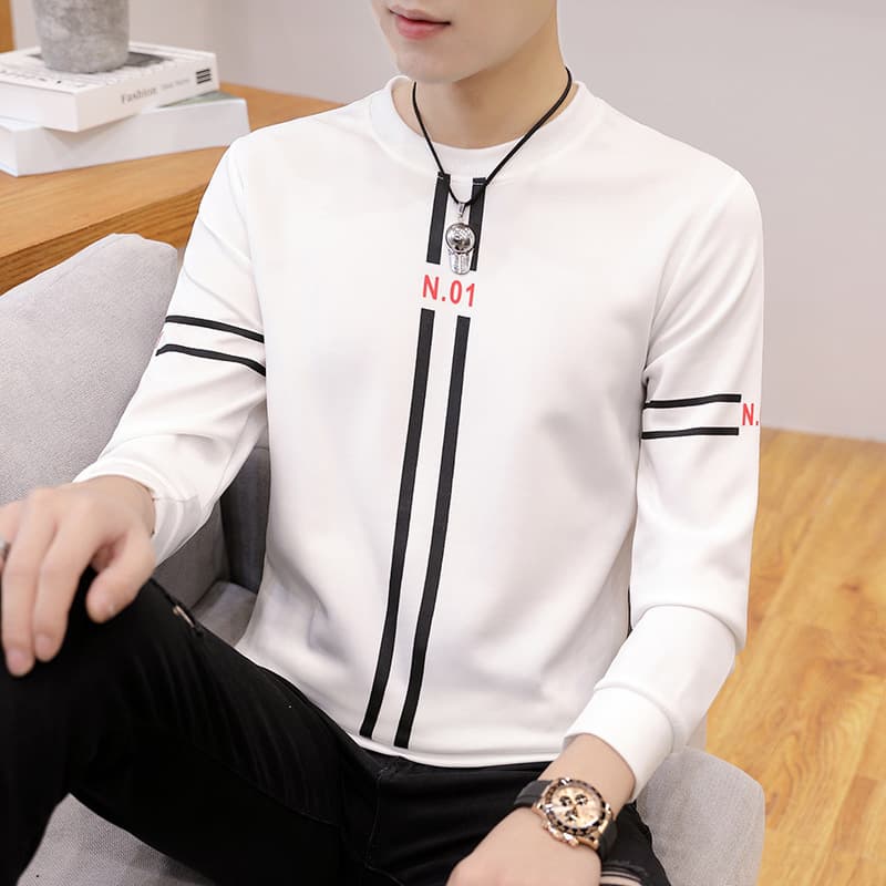 Spring and Autumn mens printed long-sleeved T-shirt teen round neck