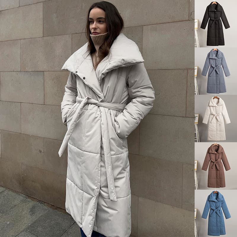 Large lapel long coat winter warm cotton jacket with pockets