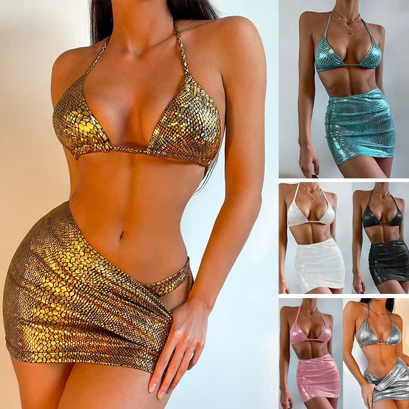 Women's 3 piece bathing suits halter snake pattern bikini set