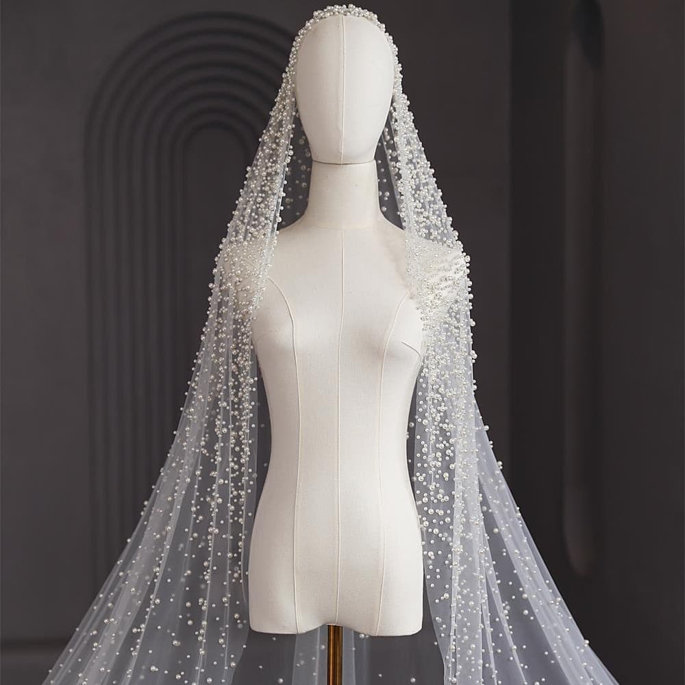 Pearl long luxury wedding veil