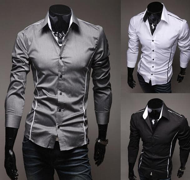 Men Shirt Cotton Slim Men Long Sleeve Casual Black White Gray Men