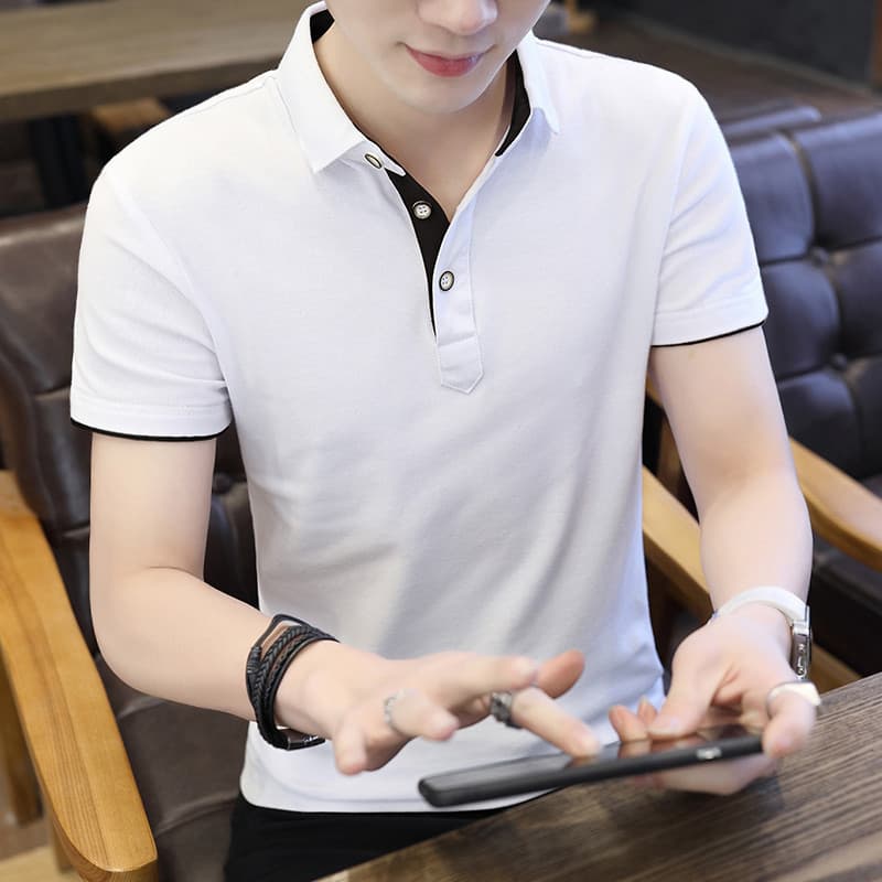Polo Shirt For Men Casual Short Sleeve Shirts Patchwork Turn-down
