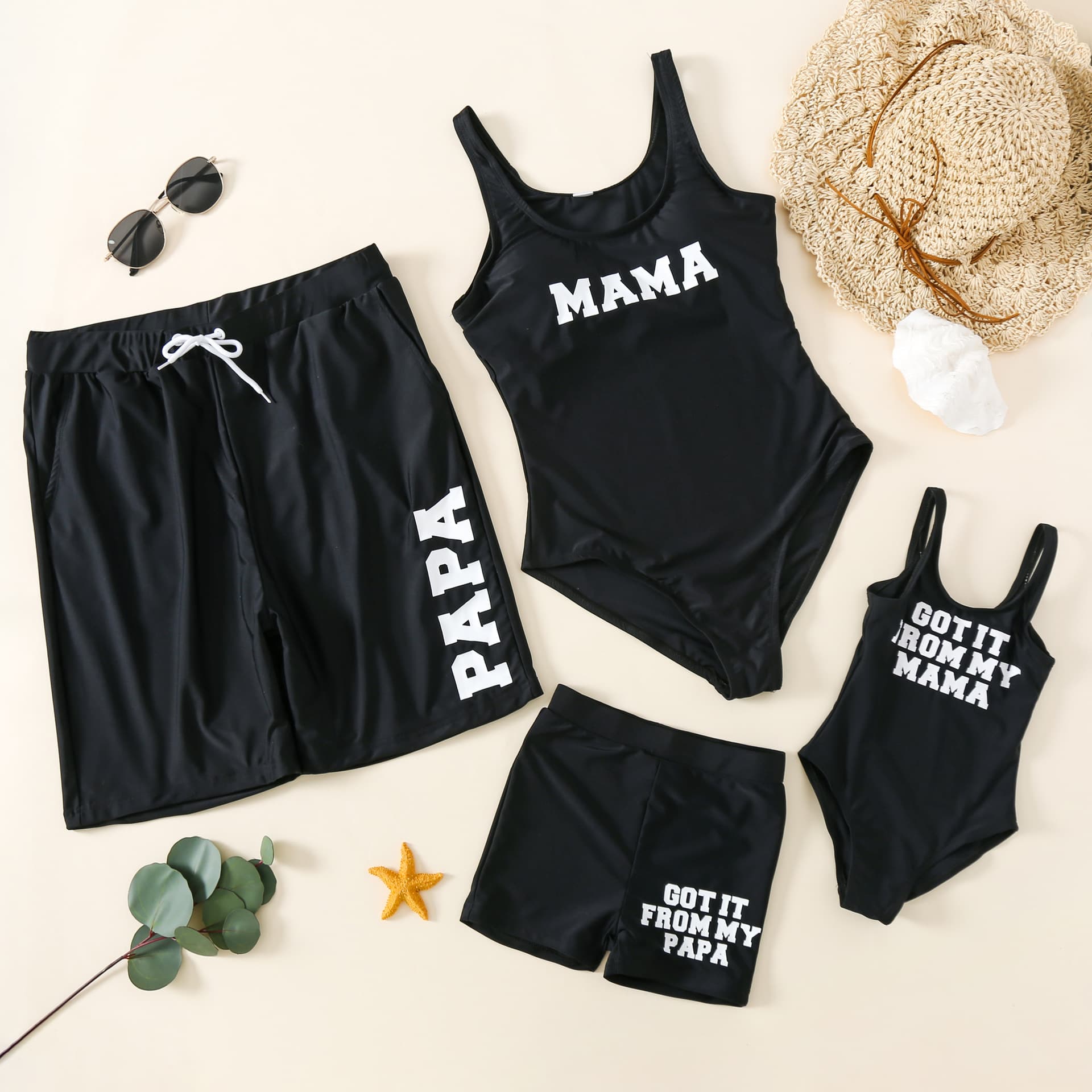 European and American words mother and child swimsuit beach