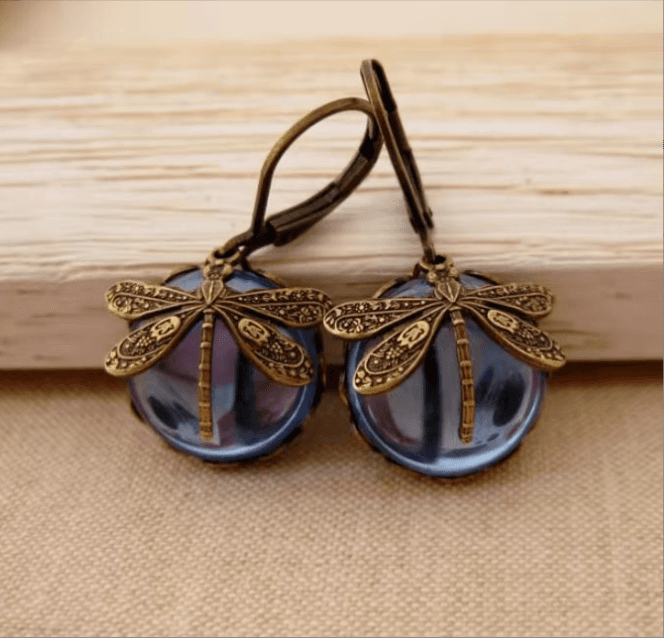Vintage dragonfly earrings gold color metal carving pattern inlaid