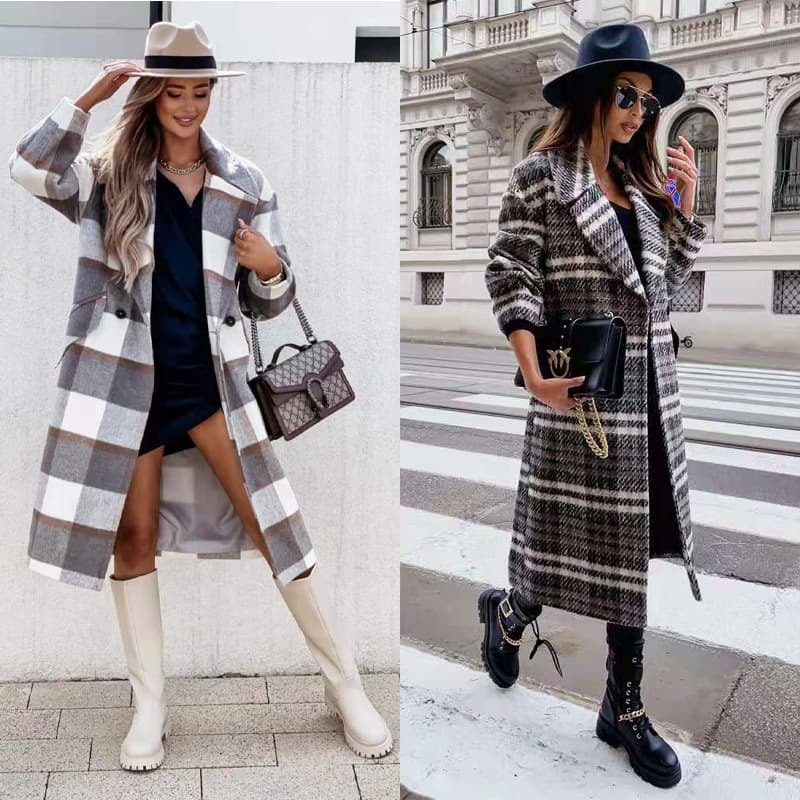 Checked Mid-length Coat Lapel Tie Woolen