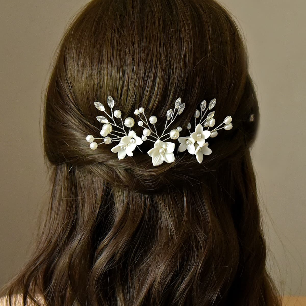 Three sets of white flower U shaped hairpins