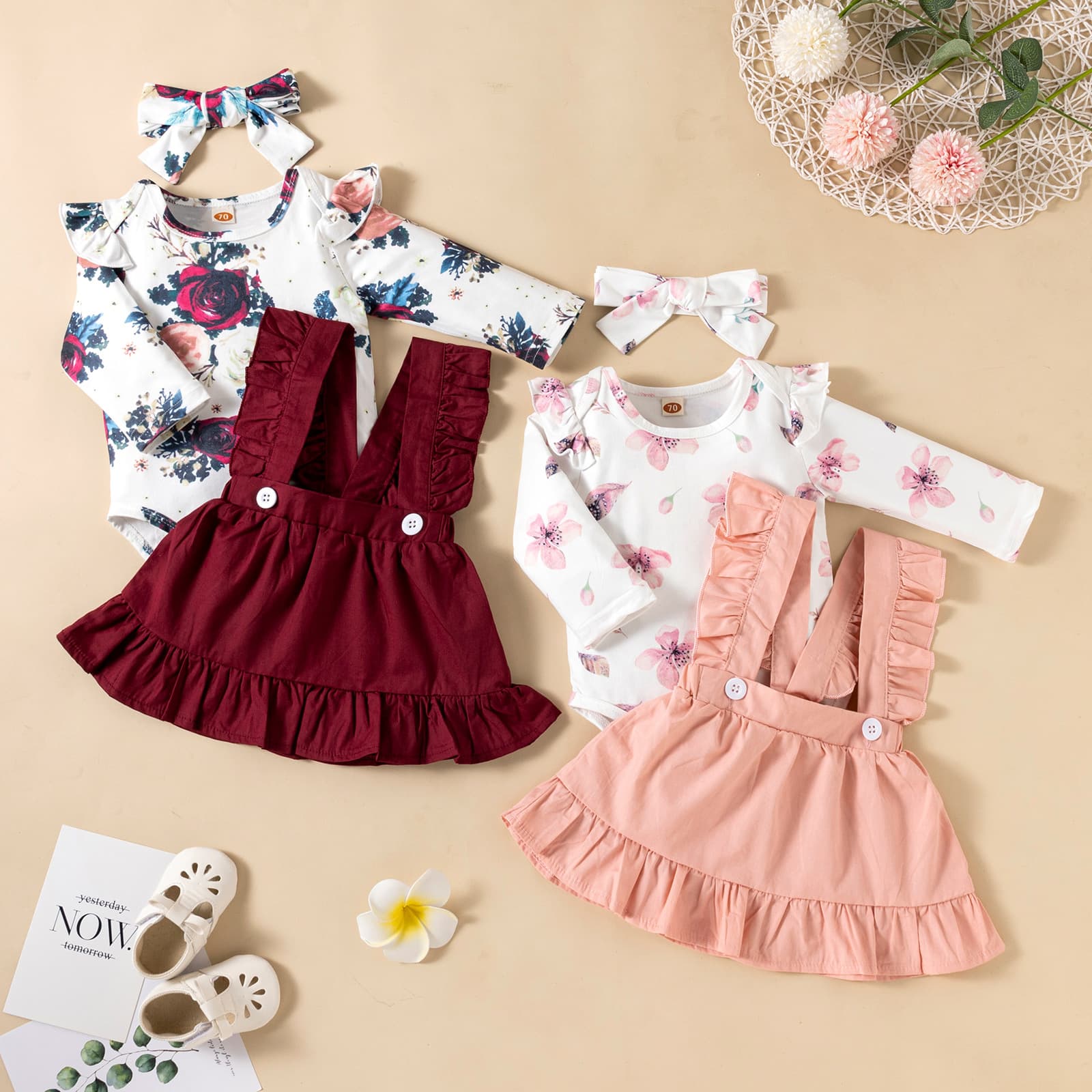 Printed Long-sleeved Baby Girl Romper Two-color Strap Ruffled Dress