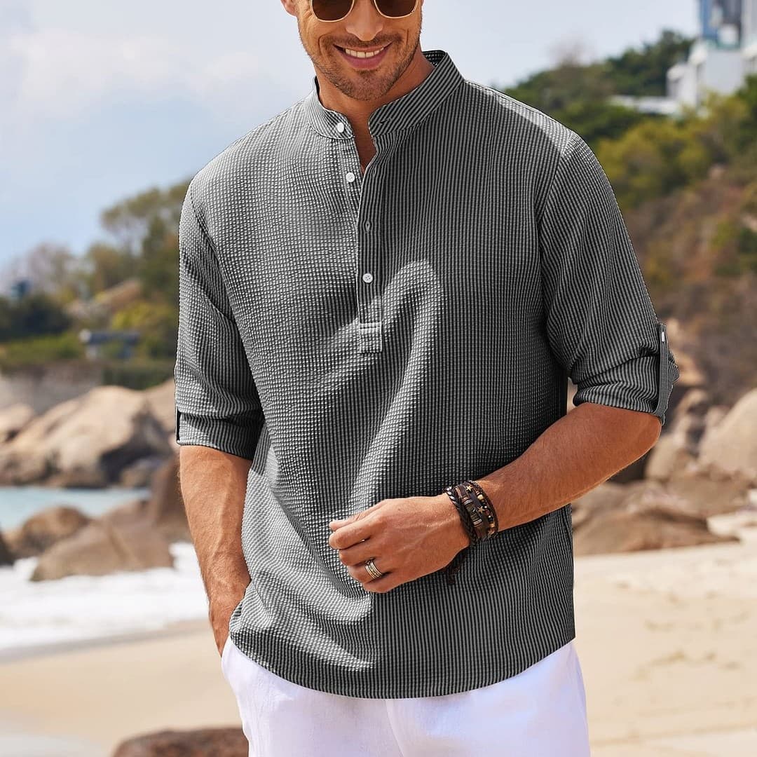 Men's Casual Shirt Long Sleeve Stand Collar Solid Color Mens Clothing