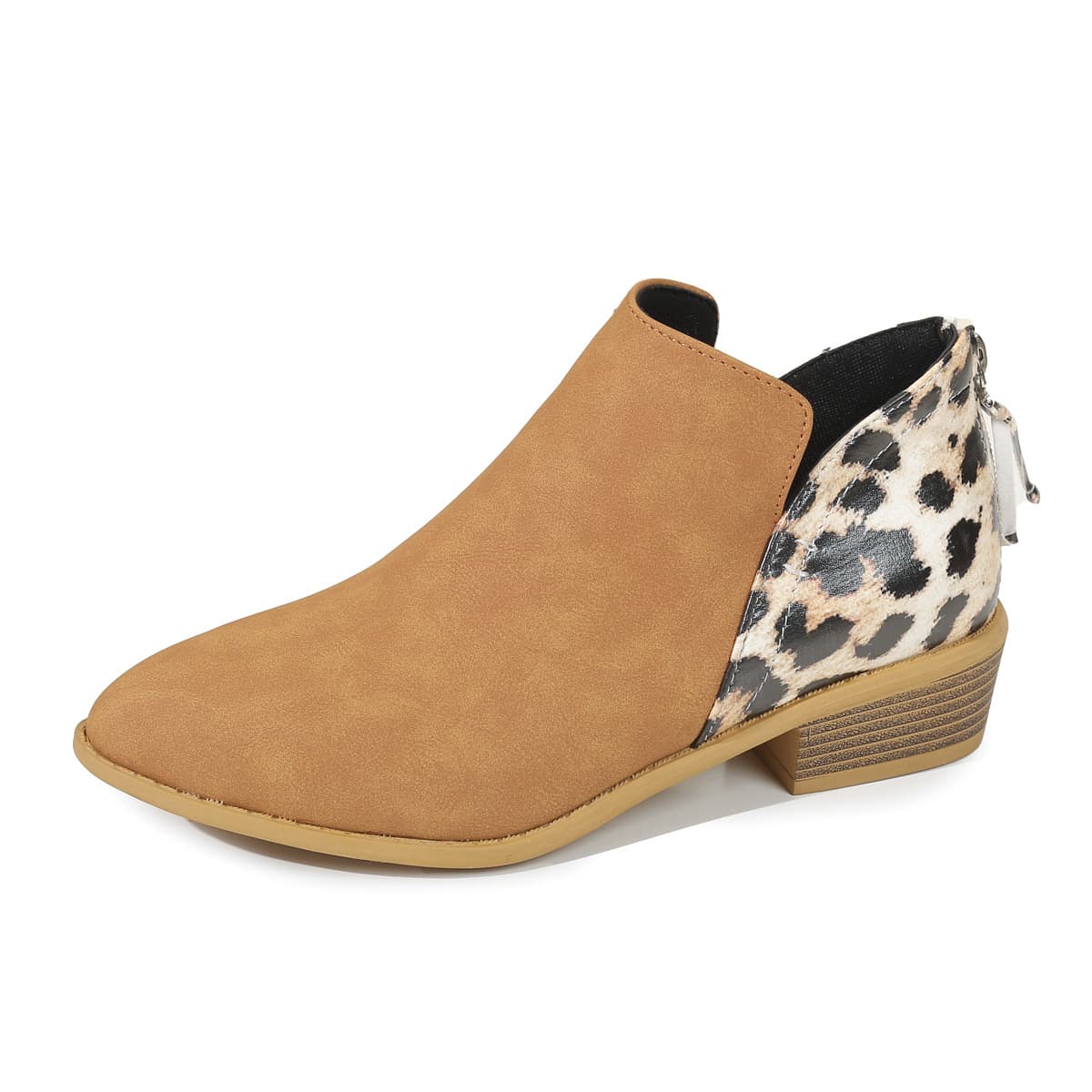 Leopard Print Boots Women Pointed Toe Chunky Heel Back Zipper Shoes