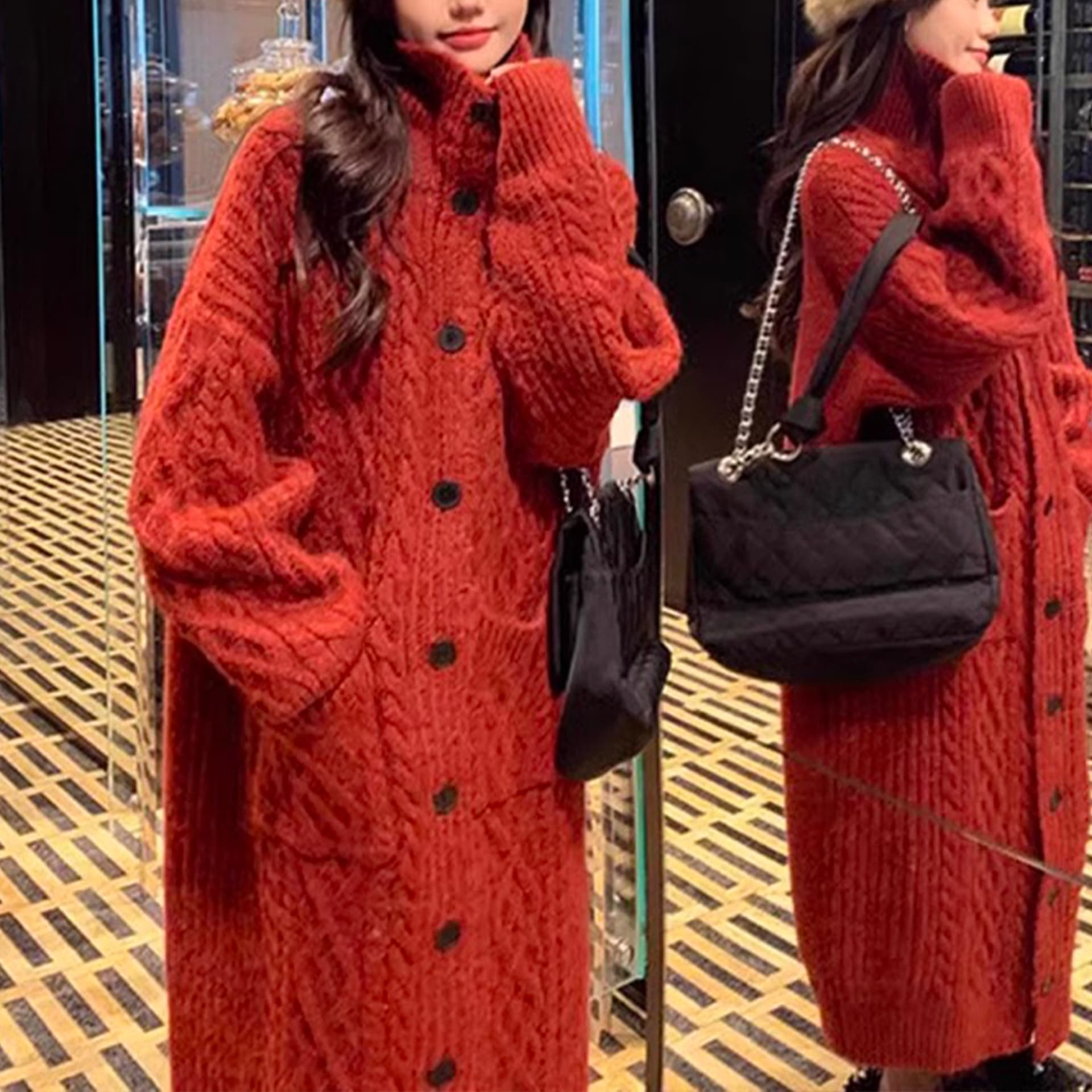 High Collar Thickened Twist Sweater Coat, Gray Cozy Over-knee Knitted