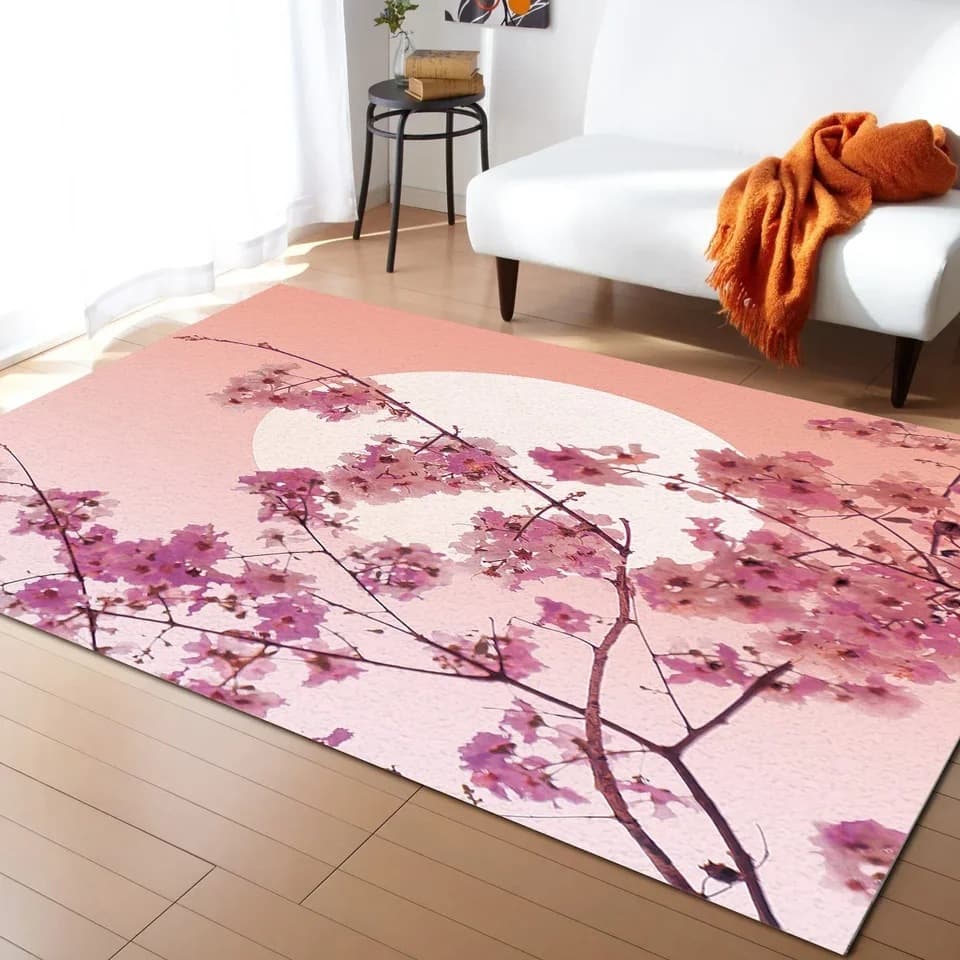Pastel cherry blossom and crescent moon Non-Slip flannel floor mat