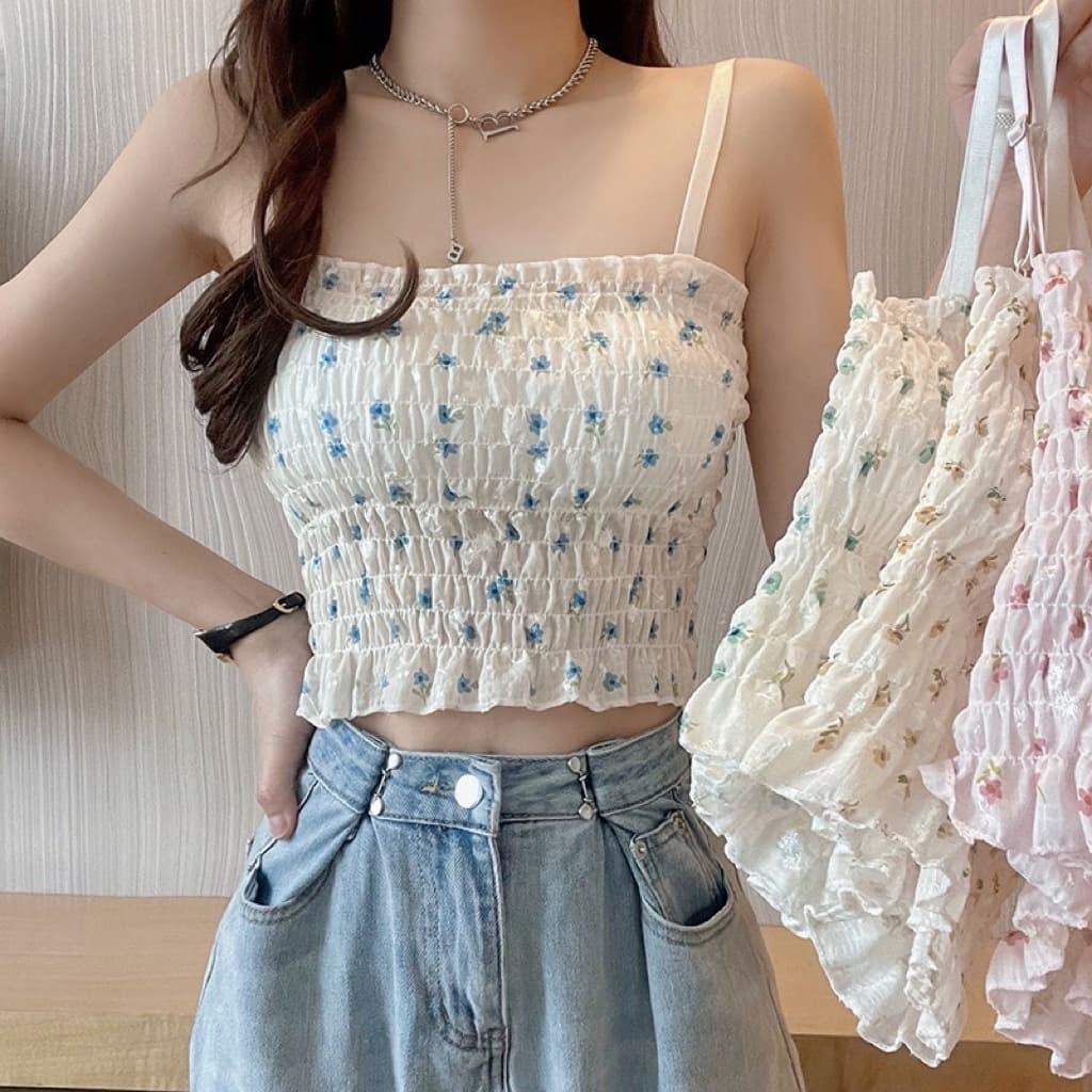 Pleated floral chic small sling vest