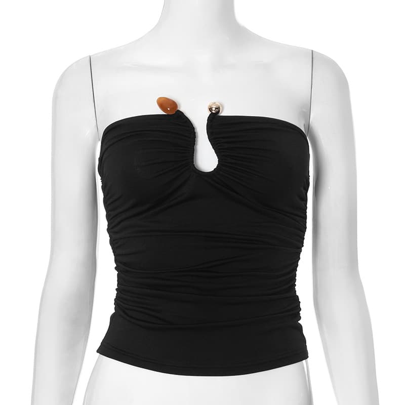 Solid color Chest-wrapped backless pleated agate T-shirt