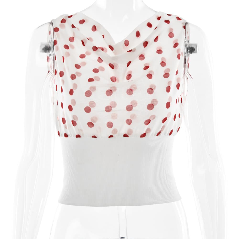 Polka dots print oblique shoulder tops summer patchwork chiffon crop