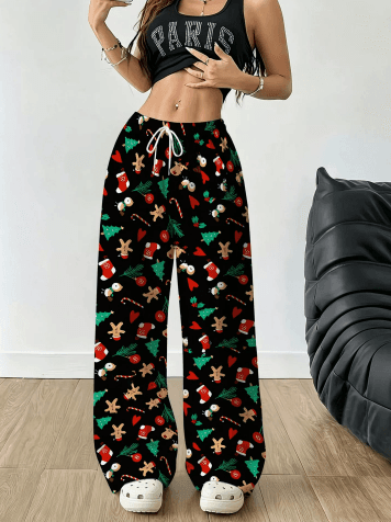 Women's straight loose long pants snowflake print polyester daily