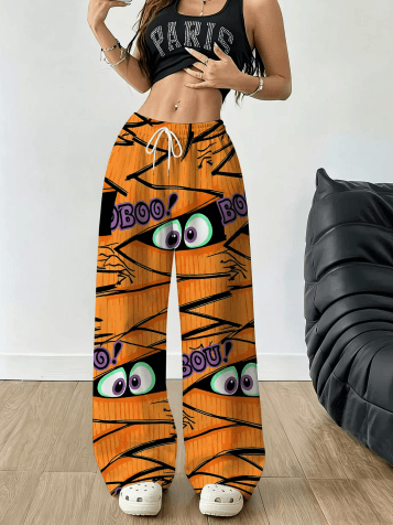 Women's straight loose long pants Halloween element print polyester