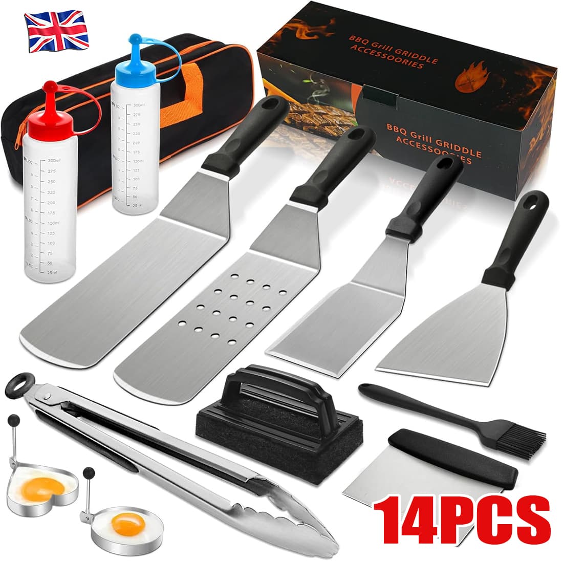 14 pcs professional stainless steel griddle grill tools set BBQ