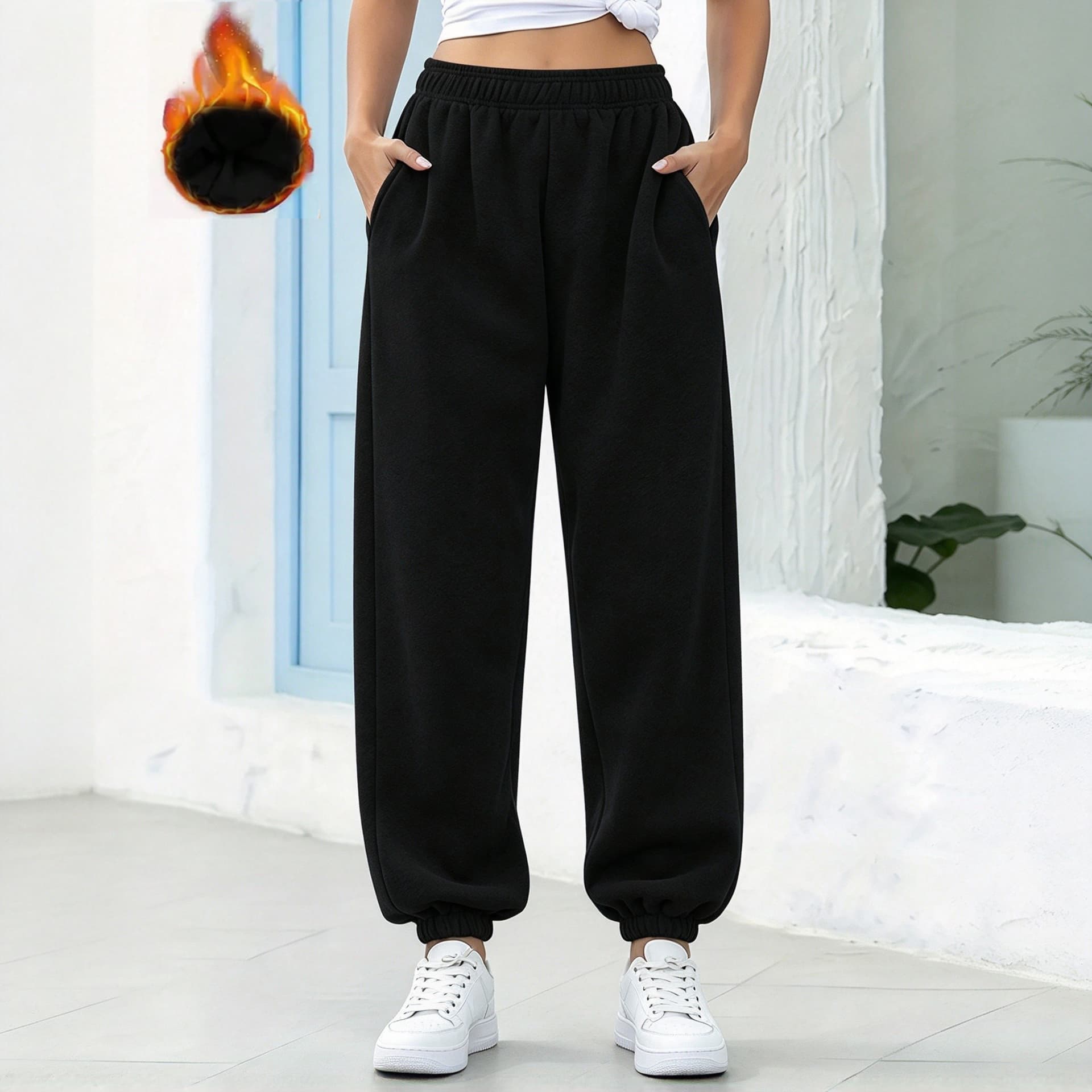 Women's fleece lined jogger pants elastic waist casual trousers