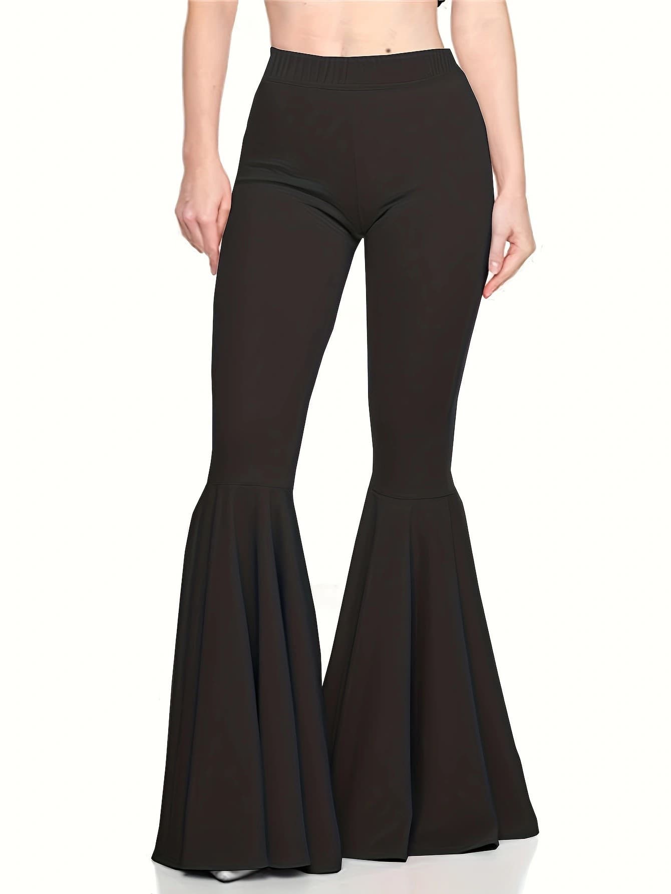 Women knit high waist flared bell bottom pants solid color stretchy