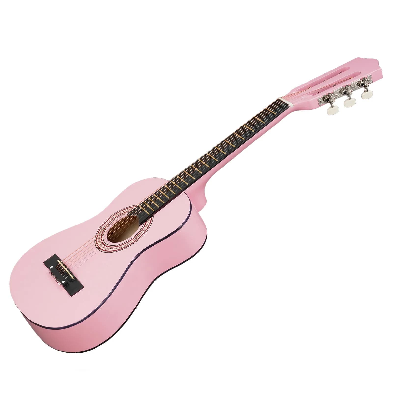 Light pink 30-inch round acoustic guitar with picks, strings, capo