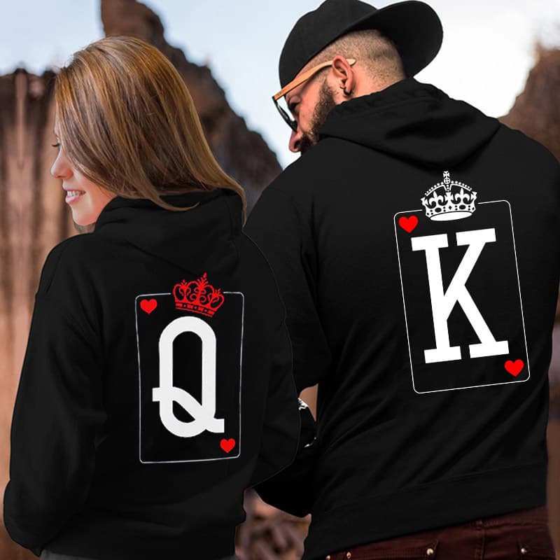 Cotton blend couple hoodie - unisex king queen print pullover