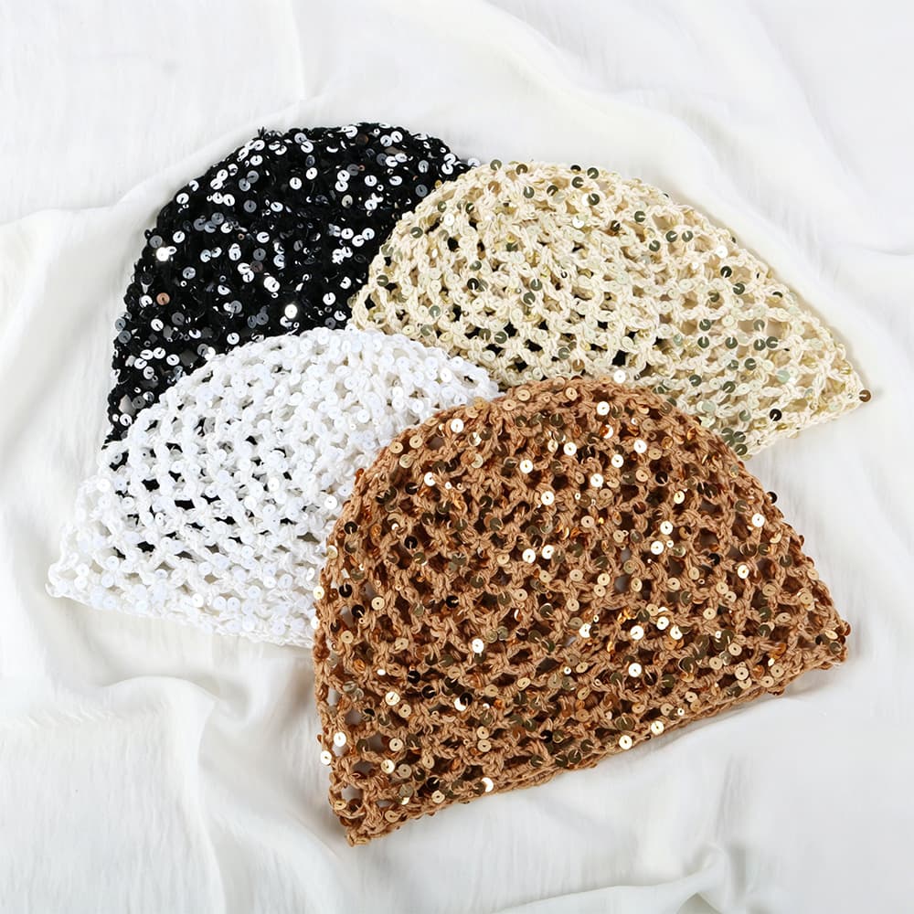 Hollow-out bonnet Hand-knitted mesh with sequins