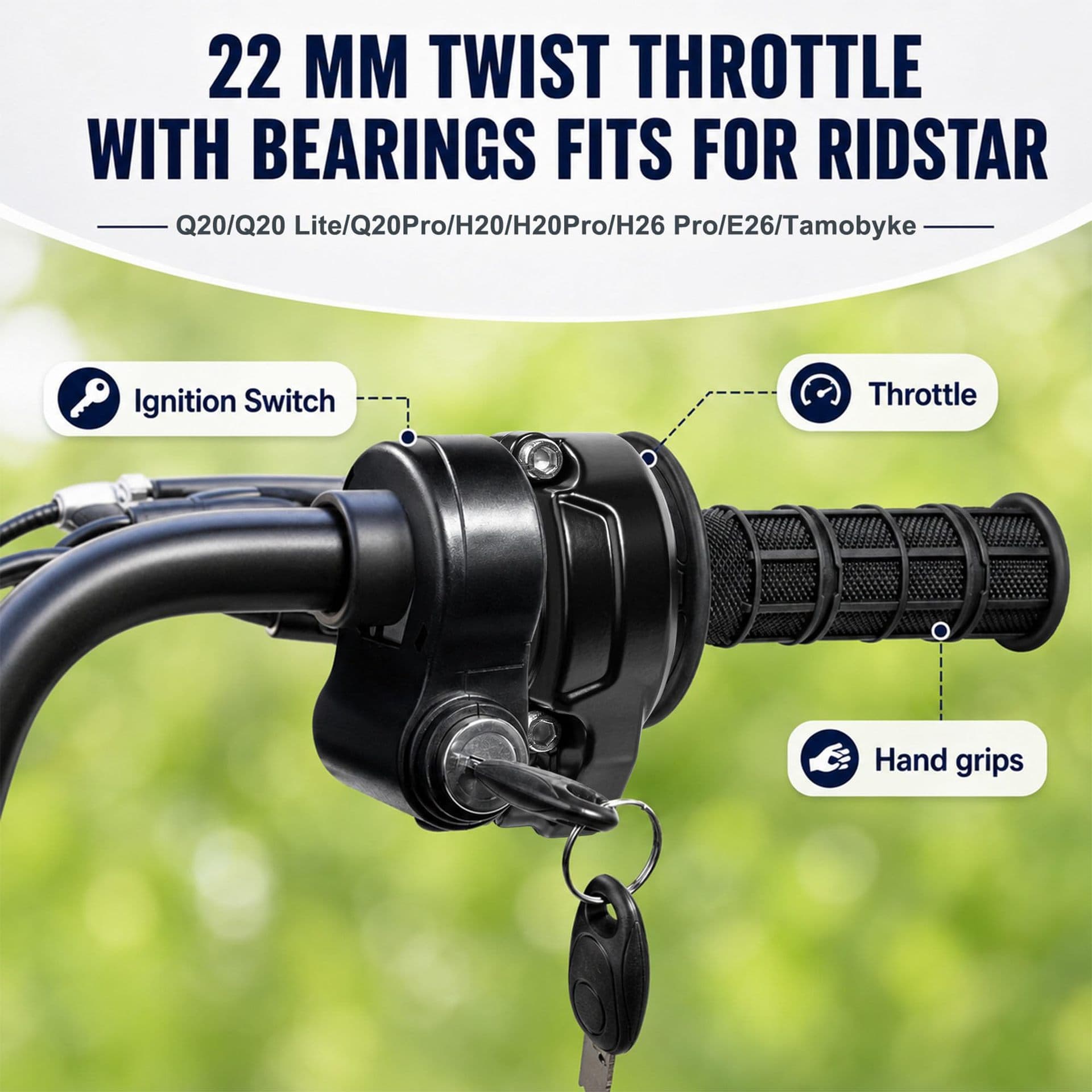 Electric throttle grip with ignition switch and handlebar cover tool