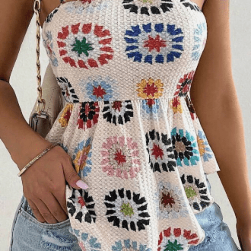 Women's vacation hibiscus printed ruffle hem casual camisole top