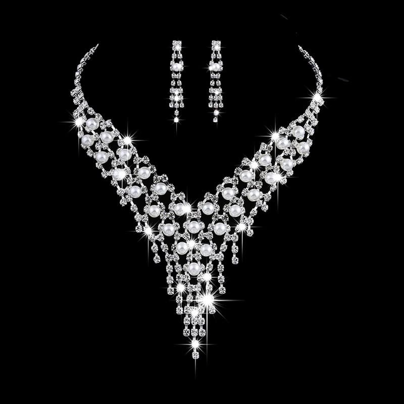 OL bridal jewelry set, claw chain earrings, Pearl Rhinestone Necklace