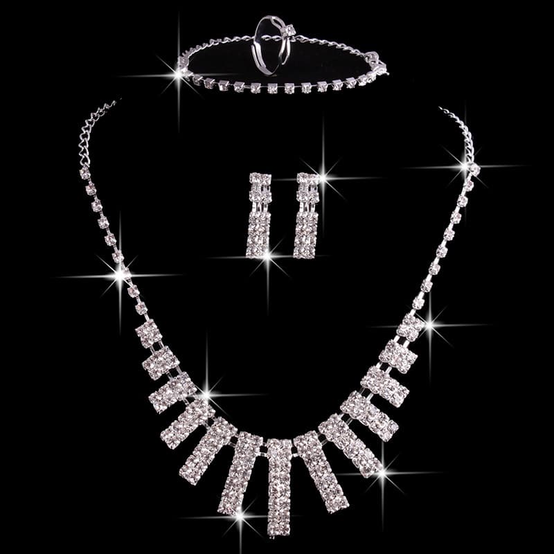 4 Pieces Rhinestones Necklace Set With Earrings Ring And Bracelet