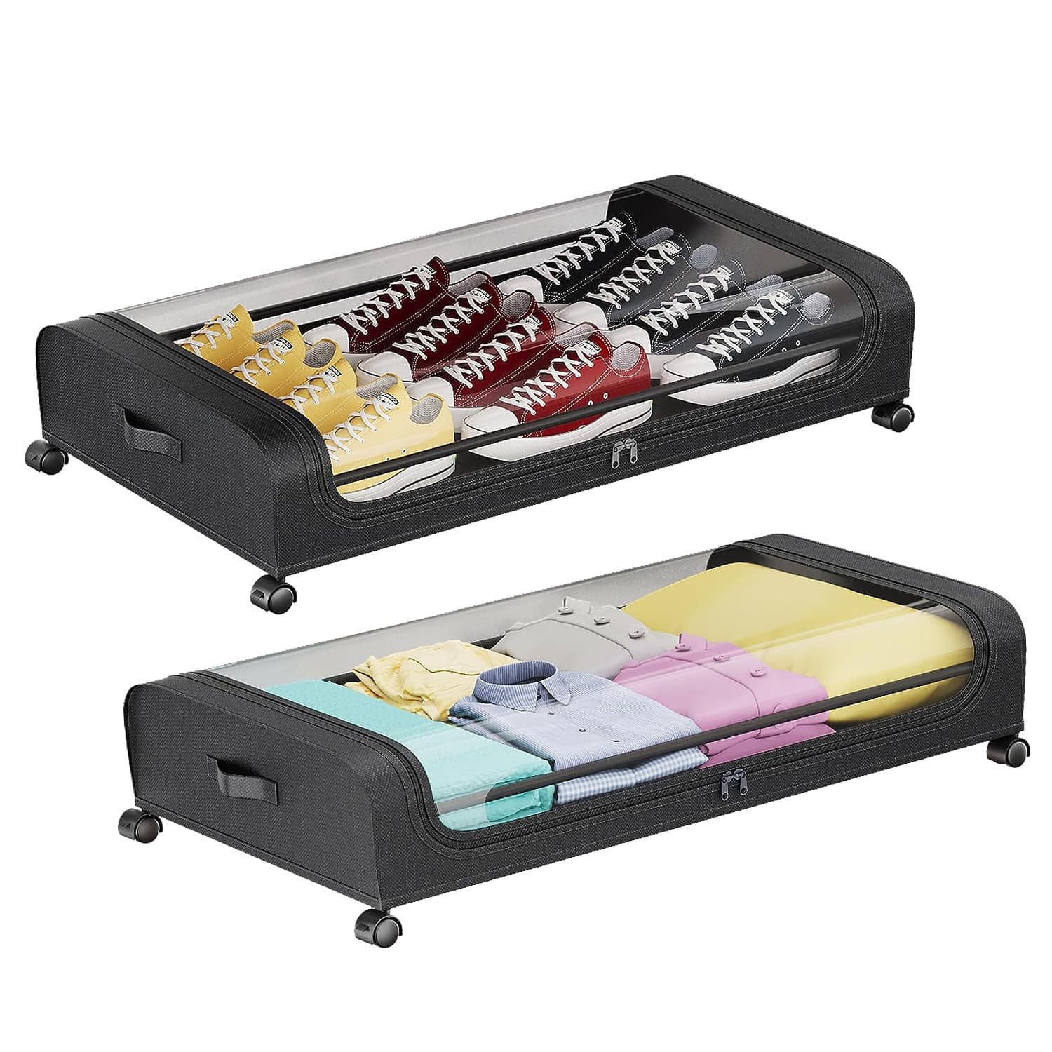 2Pcs under bed storage containers with lid wheels strap handles 42L