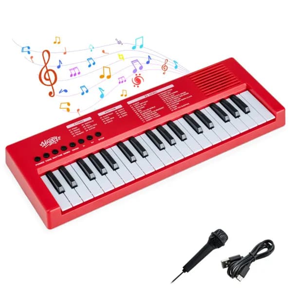 Red 37 keys kids electronic keyboard with microphone, 8 tones & 8