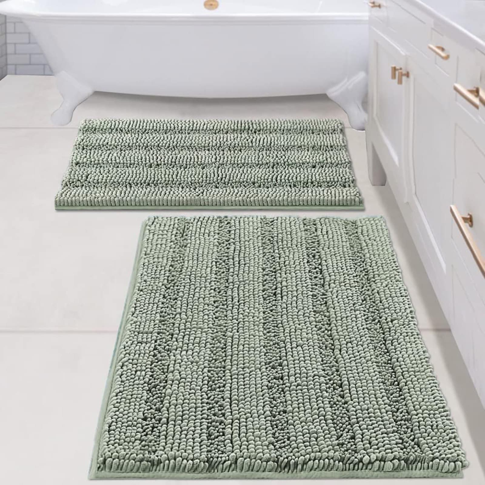 2-piece set of sage green bath mats, Machine-washable bathroom mat