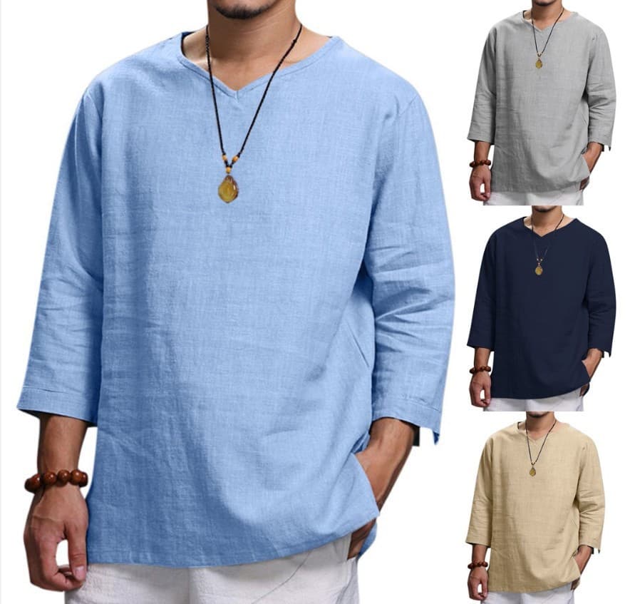 Loose Casual V-neck Top Cotton And Linen Long Sleeve Pullover Shirt