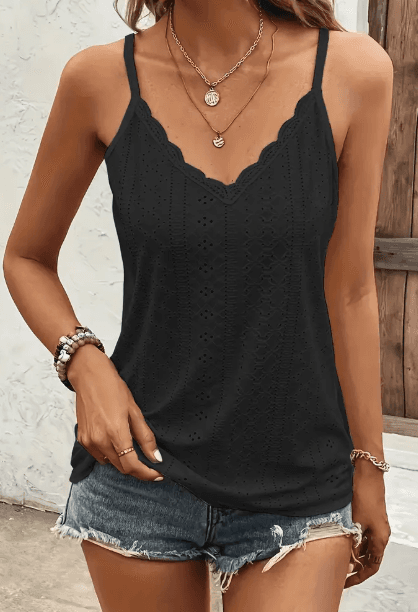 Solid color V neck eyelet cami top, elegant scallop trim sleeveless
