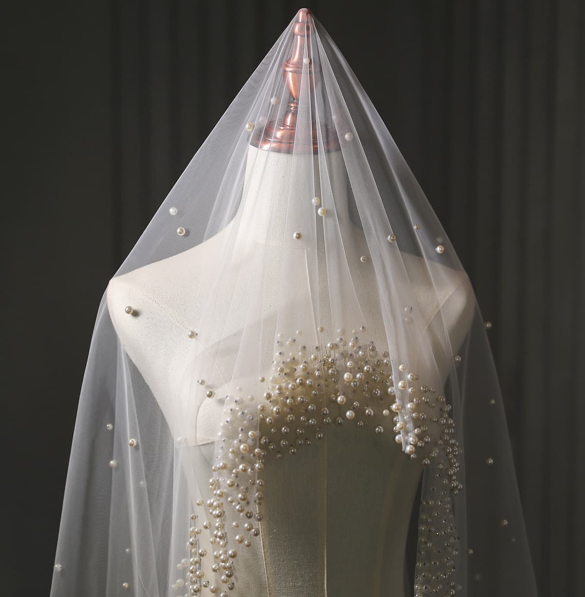 Pearl wedding veil 1 layer long bridal cathedral