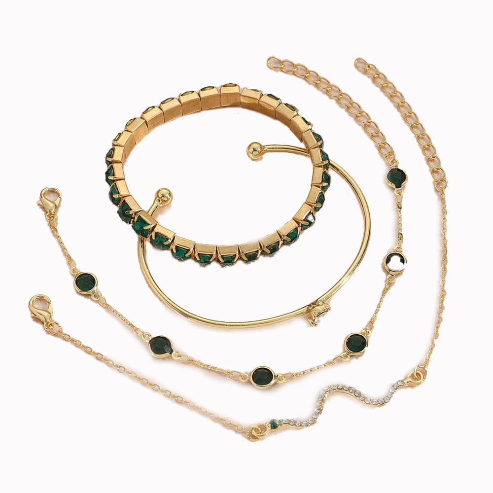 4pcs Bracelet Suit Green Grandmother Diamond Stretch Women's Set
