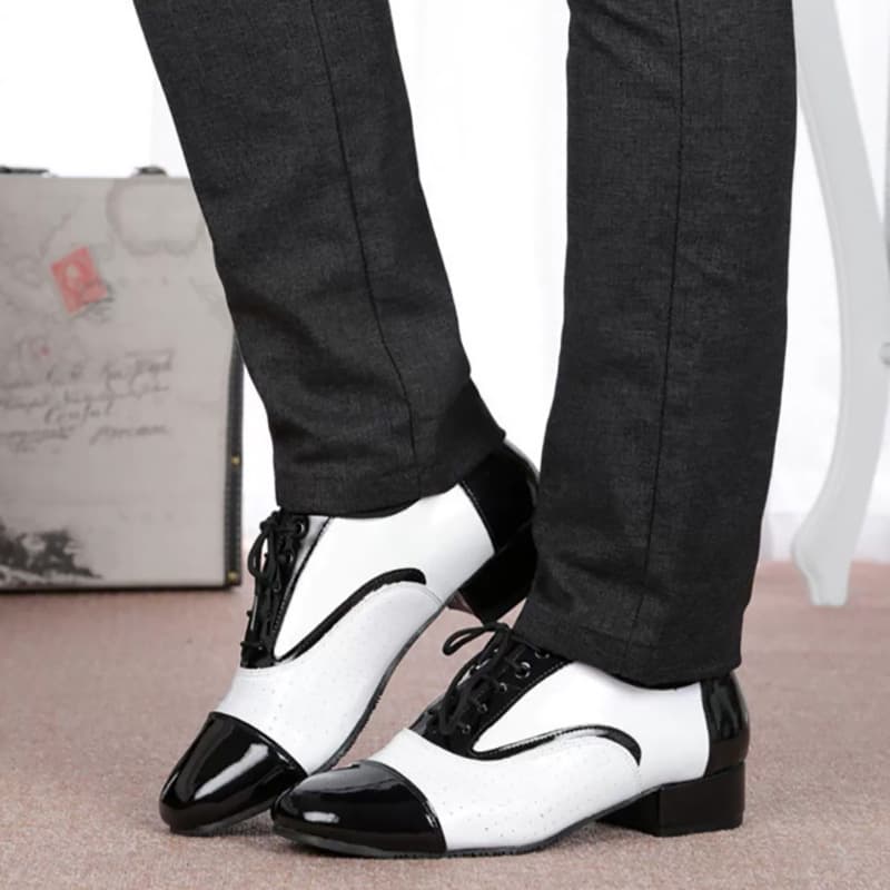 Latin dance shoes men's leather black and white international dancing