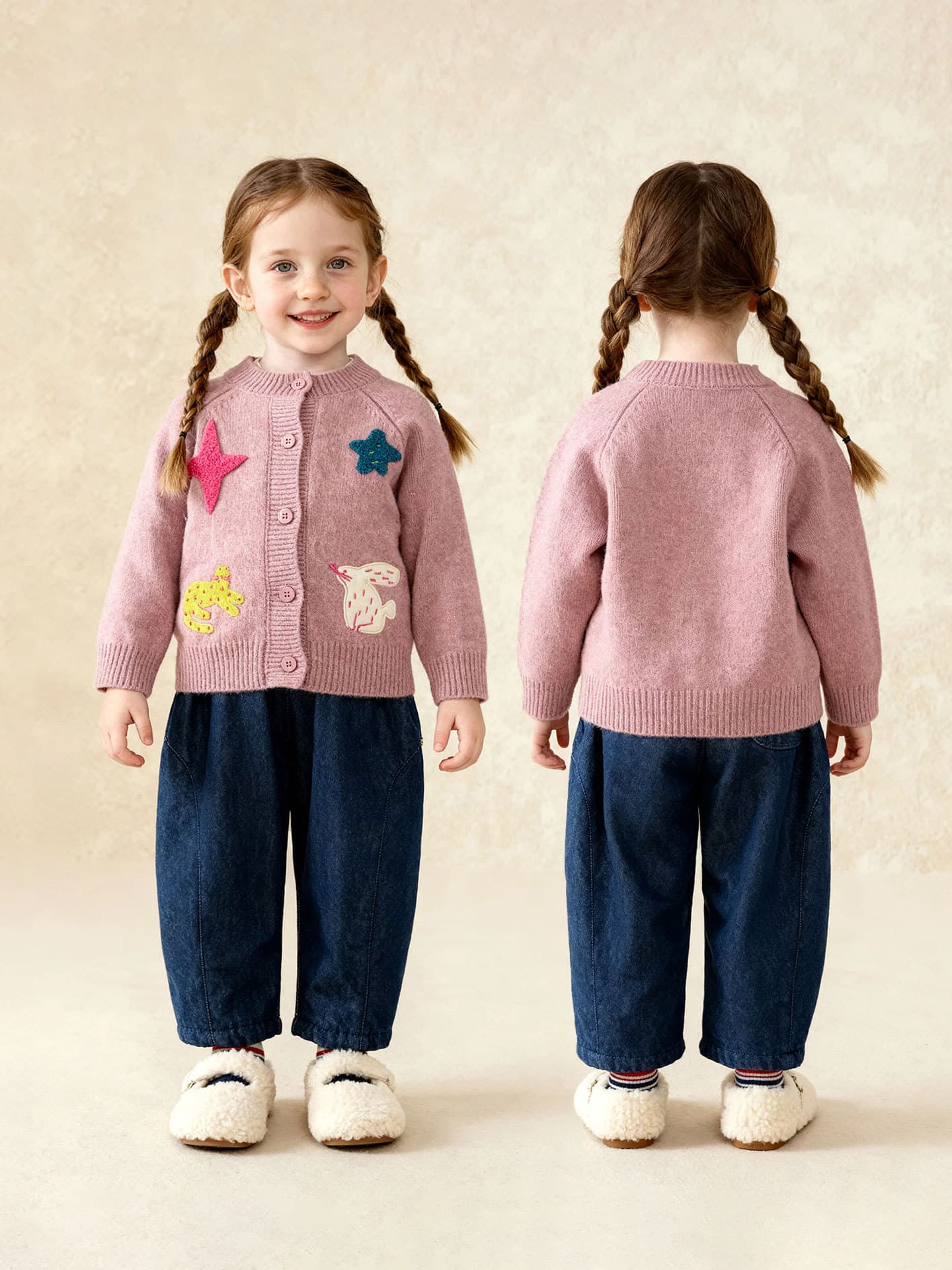 Solid-color versatile denim jeans for little girls cute warm trousers